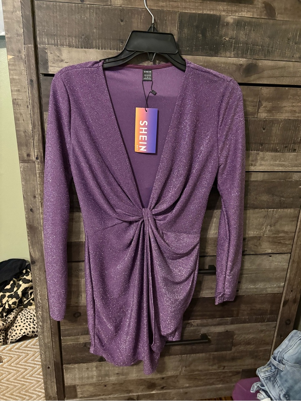 SHEIN Sparkly Purple Twist-Knot Long Sleeve Mini Dress